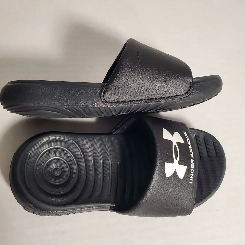 Under Armour Kids Slides Sandals Size 11K Black White Logo Comfort‎ Slip On